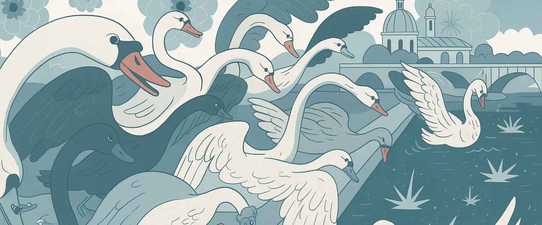 Illustration of swans by the river